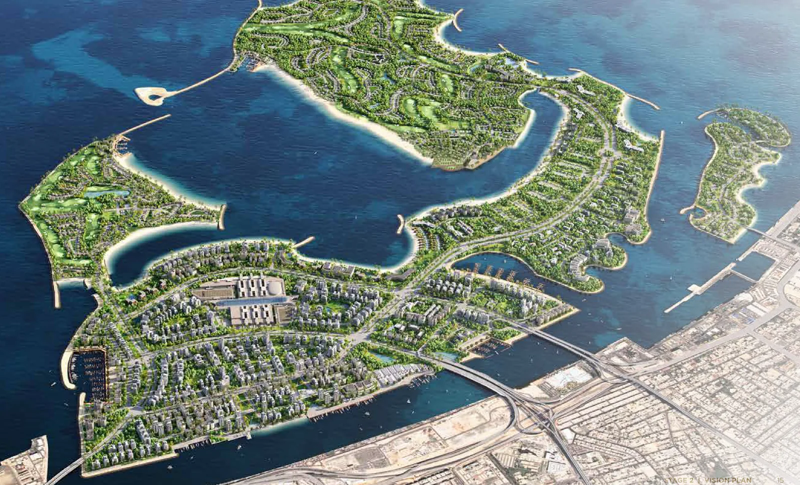Вид на Dubai Islands с высоты с юго-востока: пять островов, каналы между ними и связь с побережьем Дейры