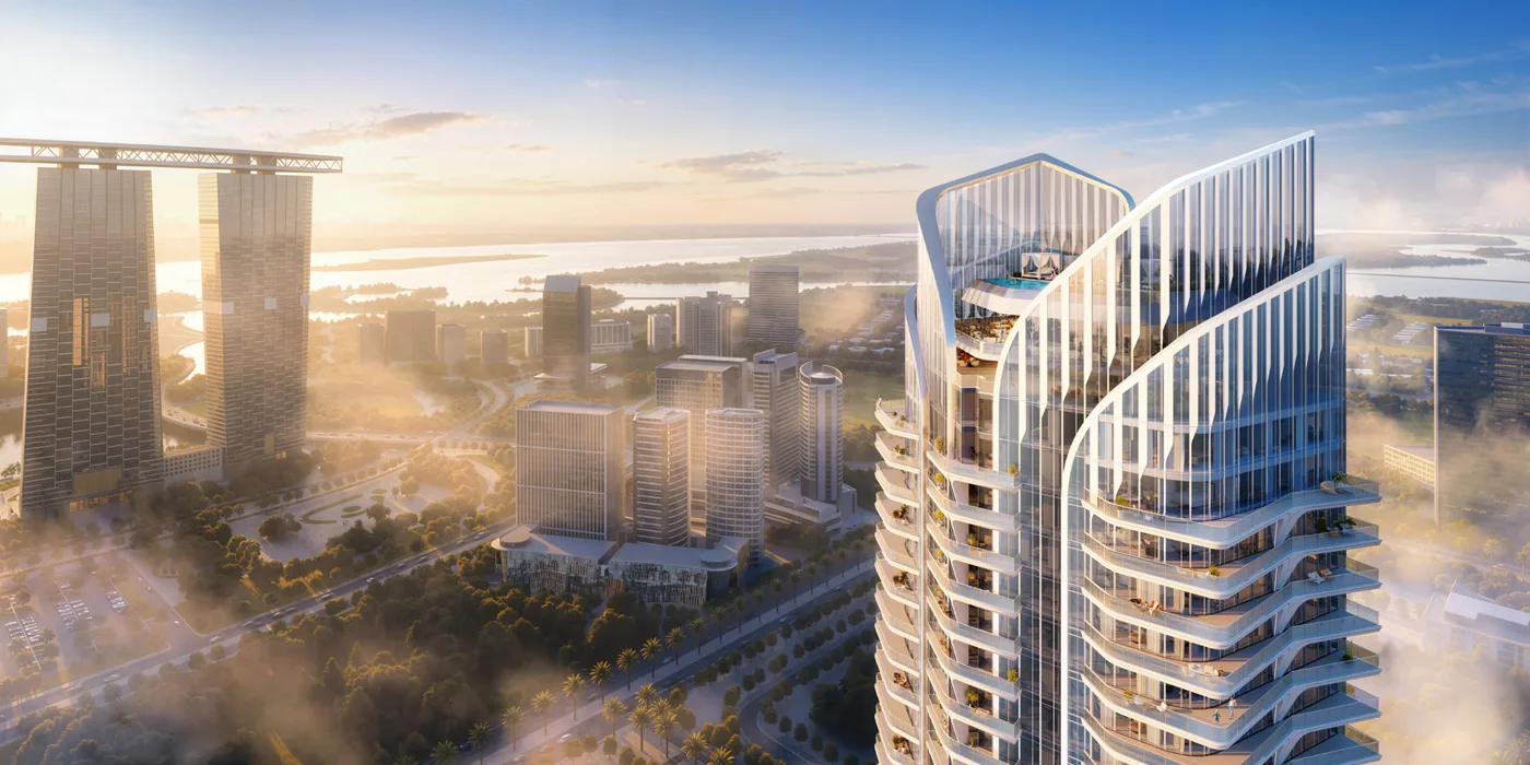 Joud Residence — башня и панорама острова на рассвете