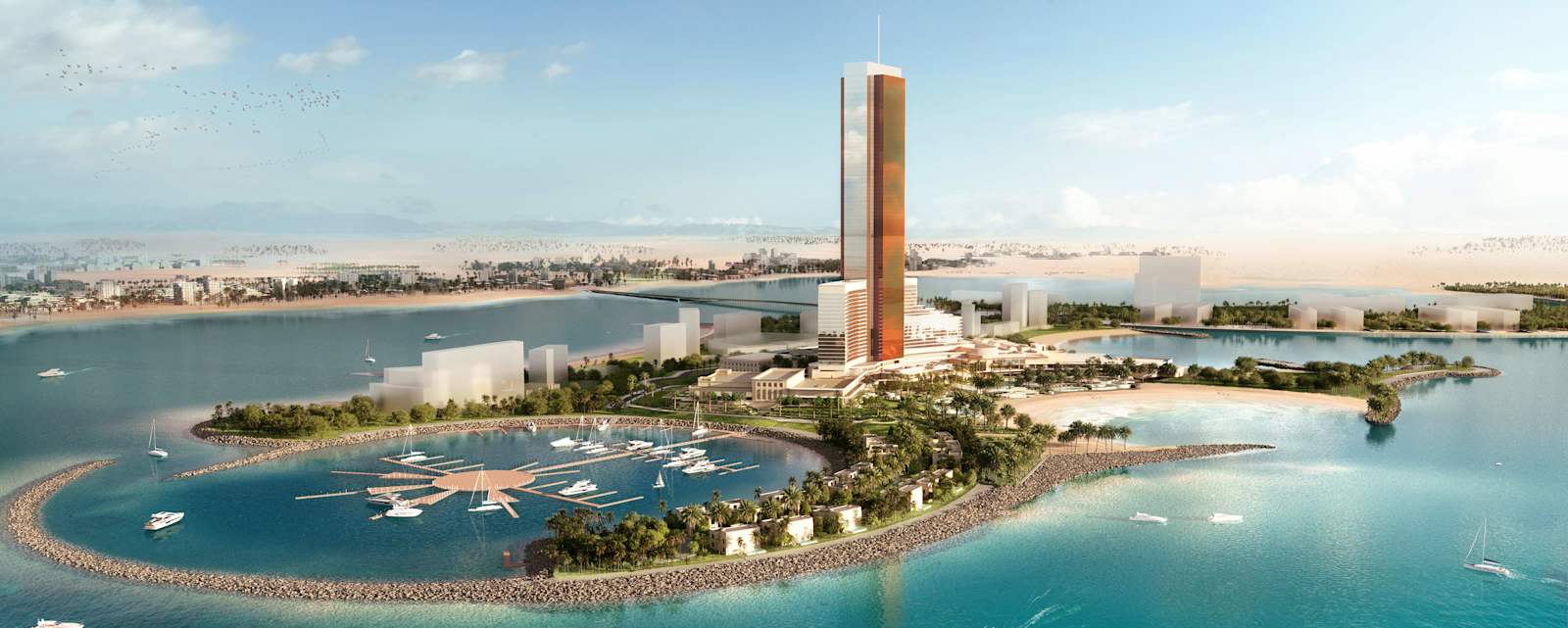 Wynn Al Marjan Island — вид с воздуха на курорт и марину