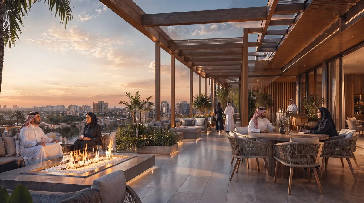 Зона отдыха и терраса для резидентов на крыше Padel Living Residences, Джидда