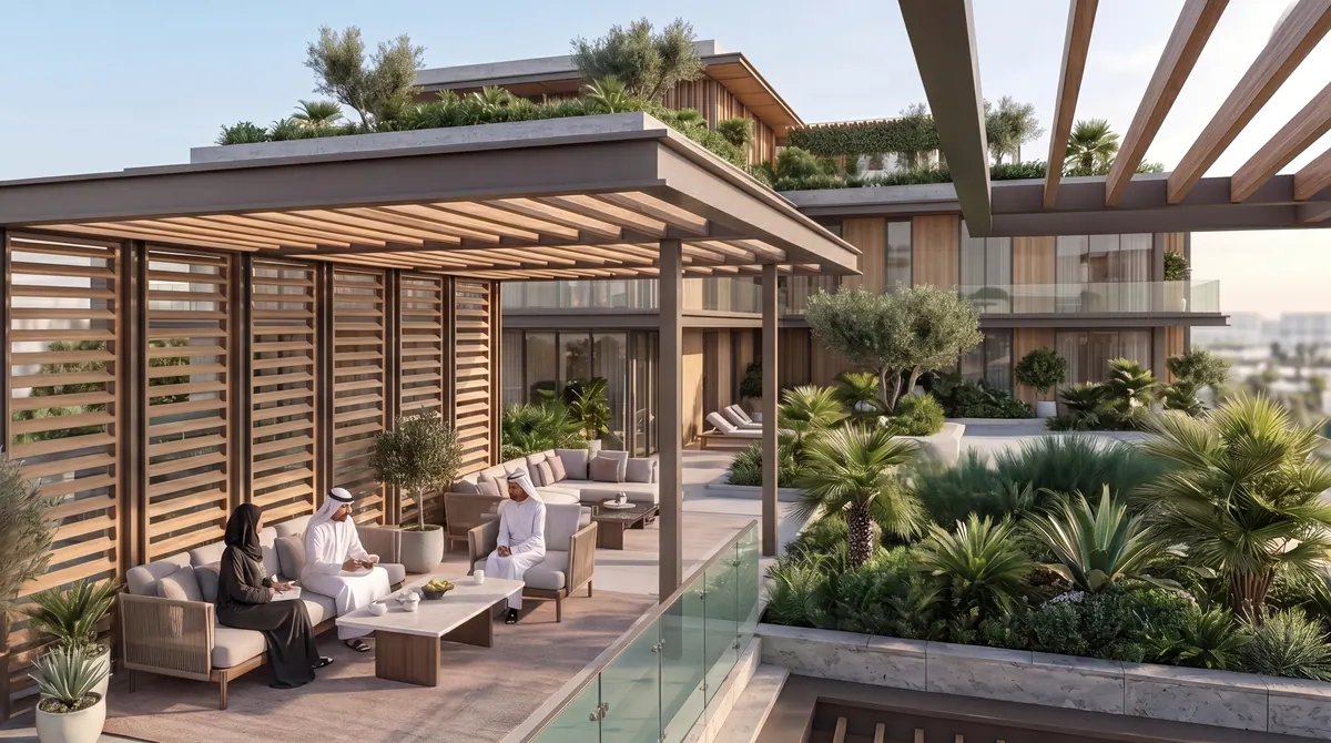 Терраса на крыше Padel Living Residences от DarGlobal в сумерках
