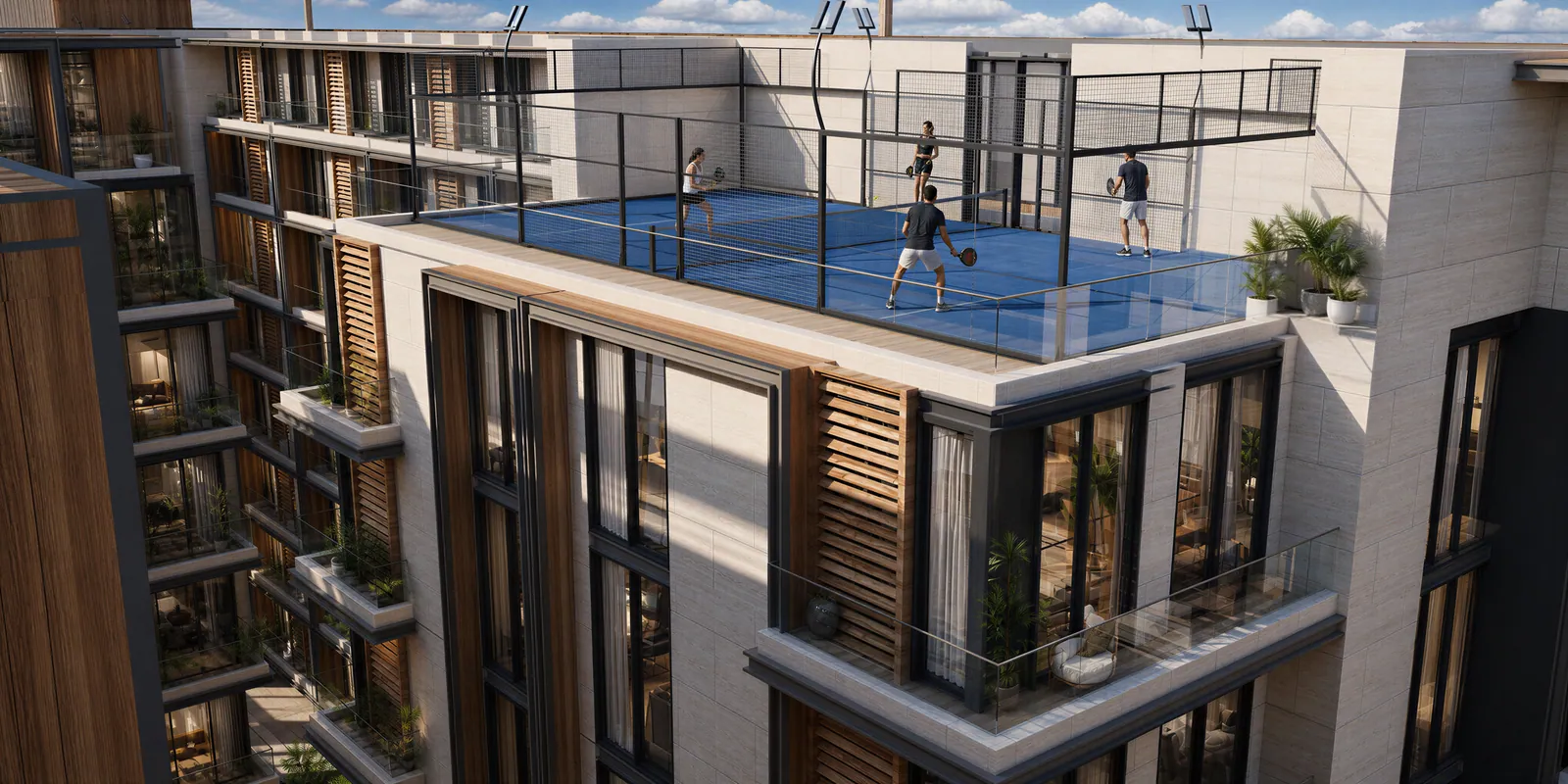 Падел-корт на крыше Padel Living Residences от DarGlobal в Джидде — вид корта изнутри